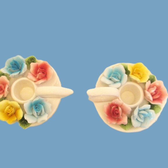 Pair of porcelain Floral yellow, rose & pink rose candlestick holders with finge - Picture 1 of 6